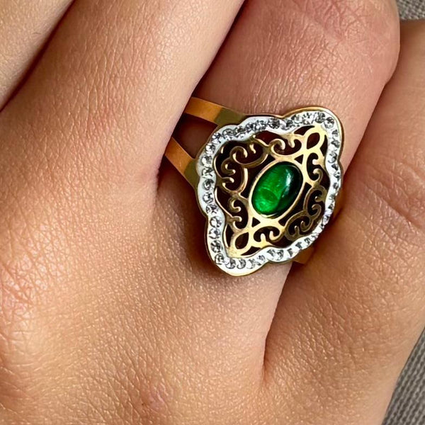 Bague ajustable en acier inoxydable style orientale pierre verte
