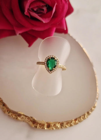 Bague ajustable en acier inoxydable pierre verte solitaire et strass