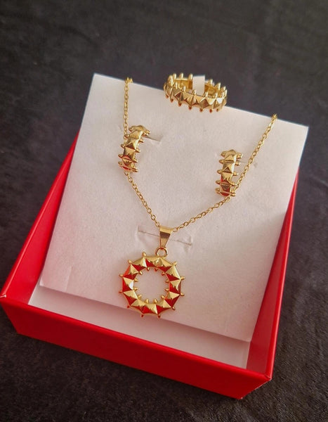 Ensemble Collier + boucles d'oreilles + bague assortis cercles pics