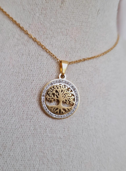 Collier en acier inoxydable arbre de vie et strass