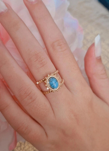 Bague ajustable en acier inoxydable double lignes avec pierre verte effet marbrée