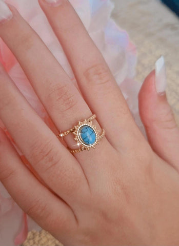 Bague ajustable en acier inoxydable double lignes avec pierre verte effet marbrée