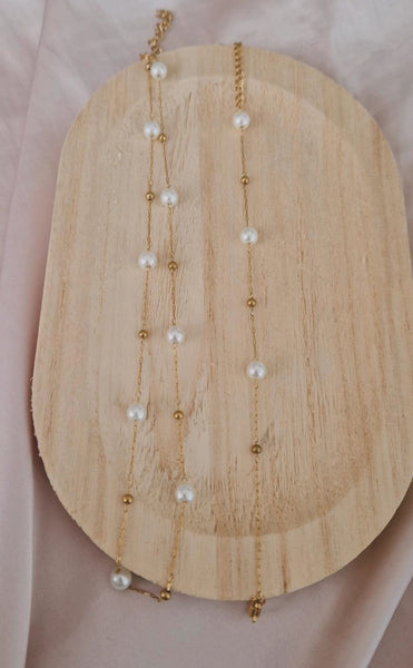 Ensemble Collier et Bracelet en acier inoxydable chaines et perles blanches nacrées