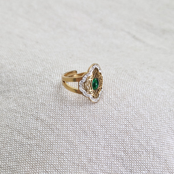 Bague ajustable en acier inoxydable style orientale pierre verte