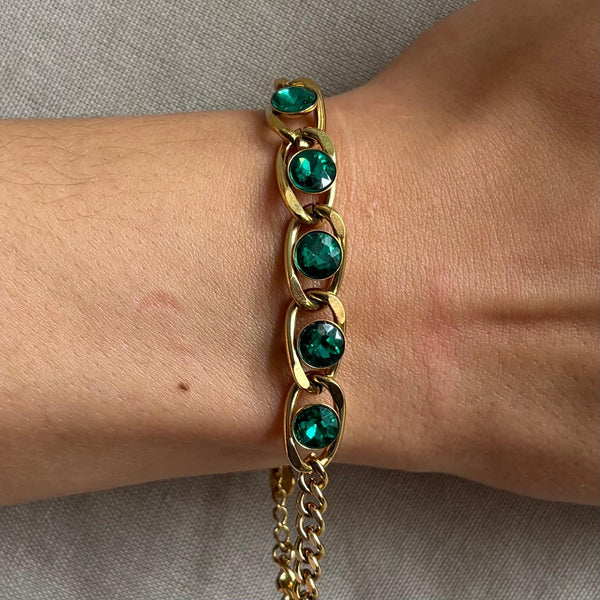 Bracelet en acier inoxydable grosse maille multi pierres vertes