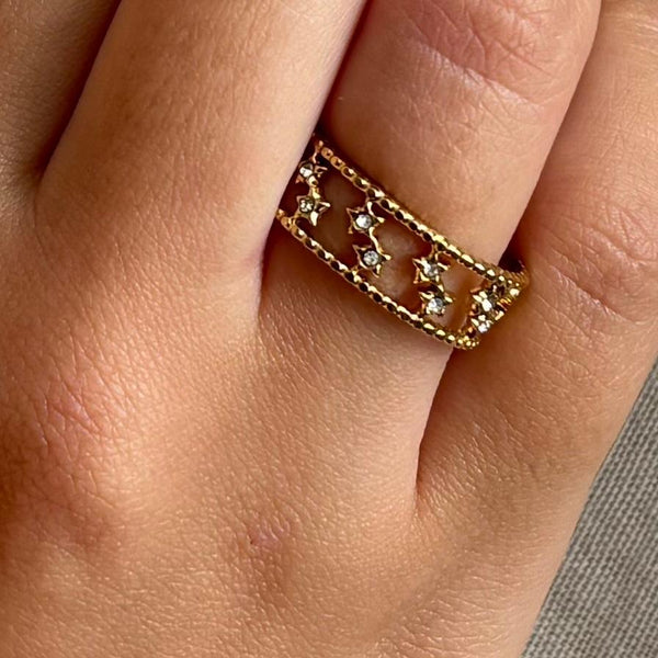Bague ajustable en acier inoxydable étoiles et strass