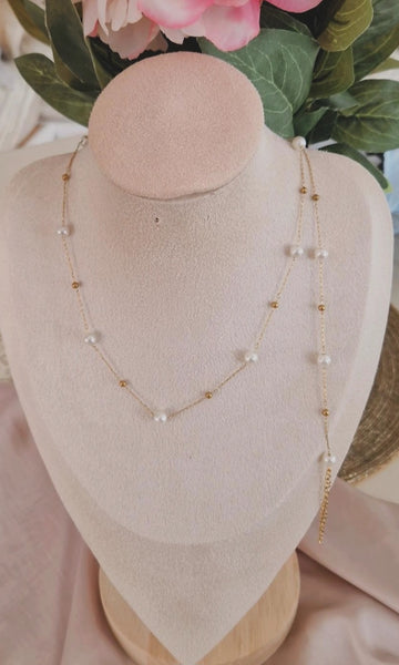 Ensemble Collier et Bracelet en acier inoxydable chaines et perles blanches nacrées
