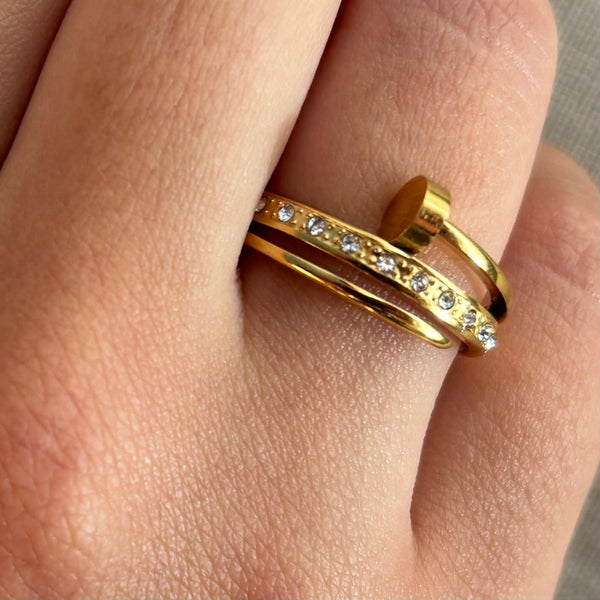 Bague en acier inoxydable double rang et strass