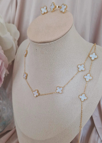 Ensemble Collier + bracelet fin + bague + boucles d'oreilles assorties en acier inoxydable blanc