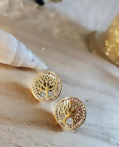 Boucles d'oreilles en acier inoxydable avec arbre de vie et strass