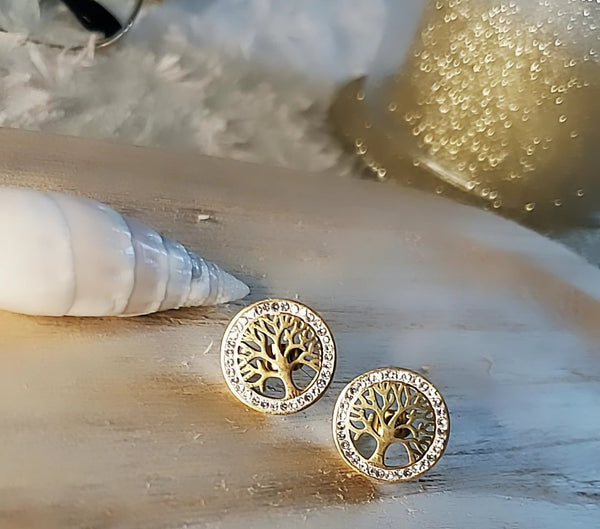 Boucles d'oreilles en acier inoxydable avec arbre de vie et strass