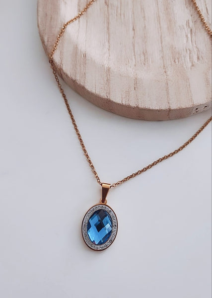 Collier en acier inoxydable avec pendentif pierre Bleue et strass