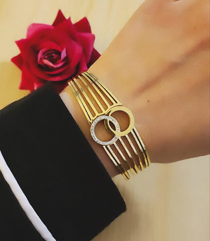 Bracelet jonc en acier inoxydable multi lignes et strass